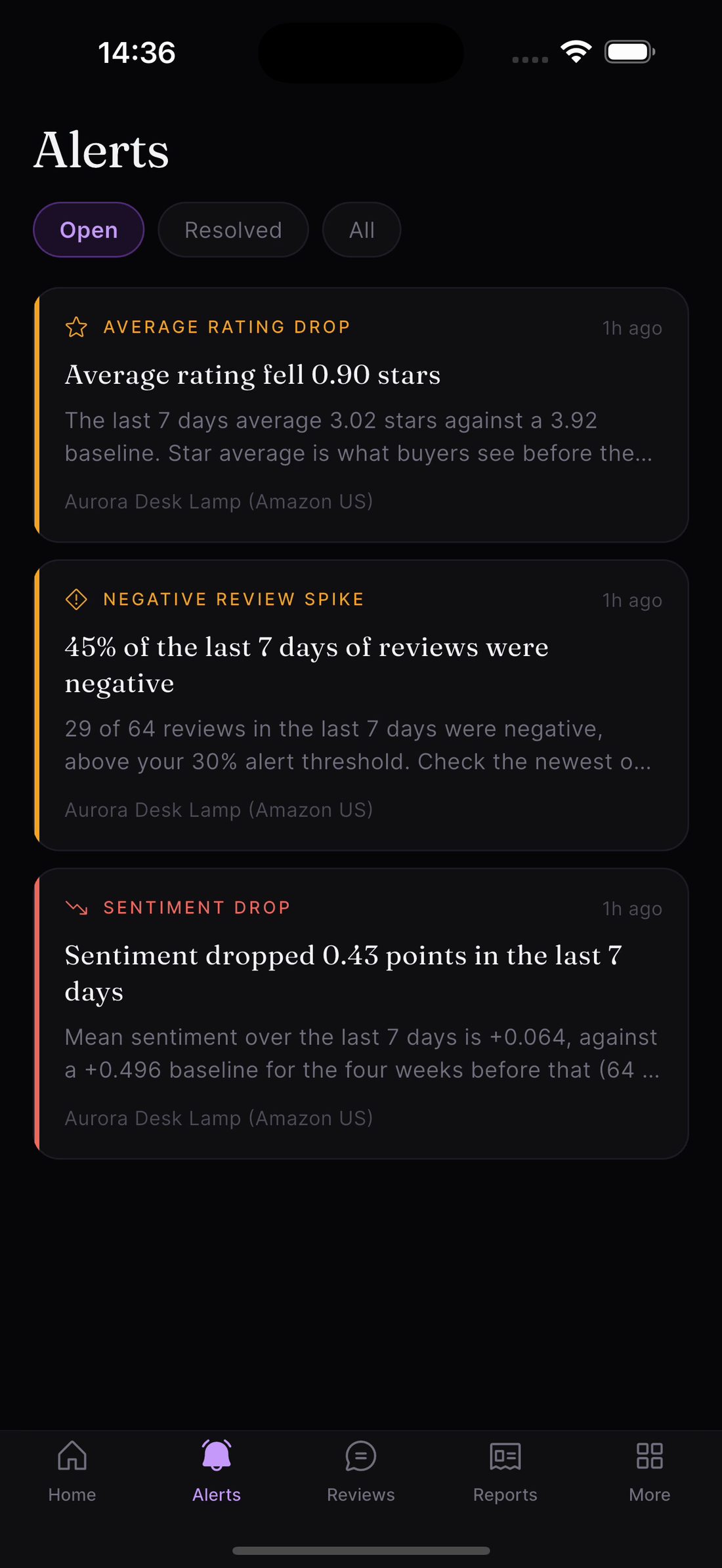 The companion app receives the same alerts, with push when something crosses a threshold.