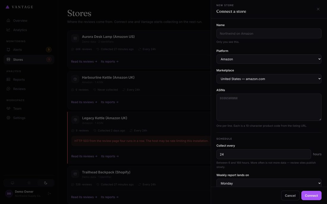 Connecting a store. The fields change with the platform: ASINs and a marketplace for Amazon, a storefront URL and review app for Shopify.