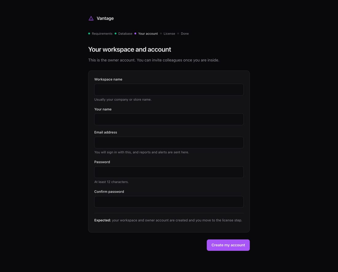 The first workspace and its owner. This is the account you will sign in with.
