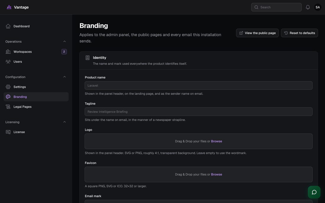Branding applies to the panel, the public pages and every email the installation sends.