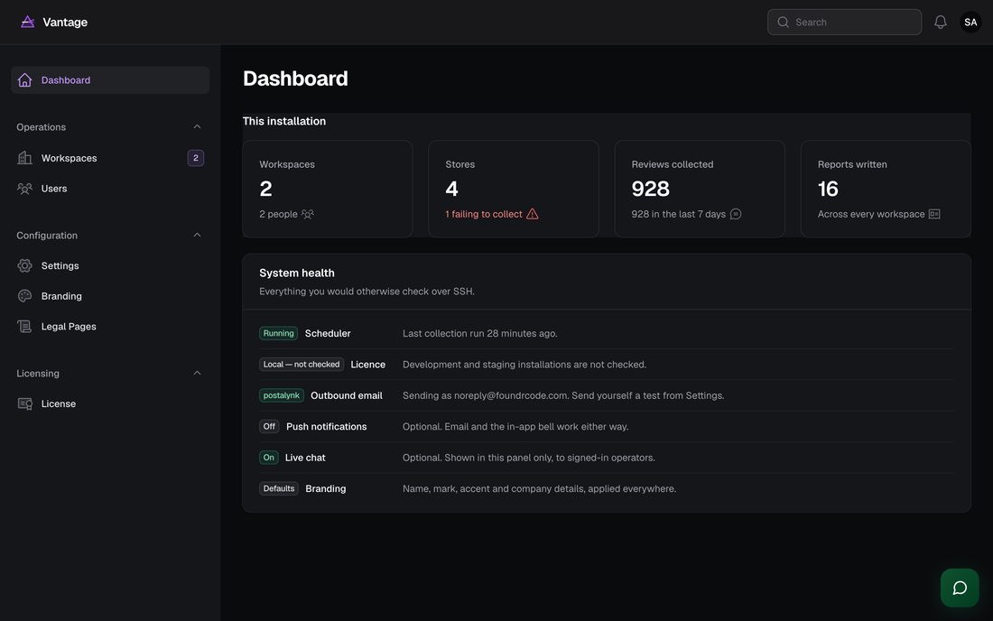 The operator dashboard reports what is switched on — outbound email, push, live chat — without needing SSH access.