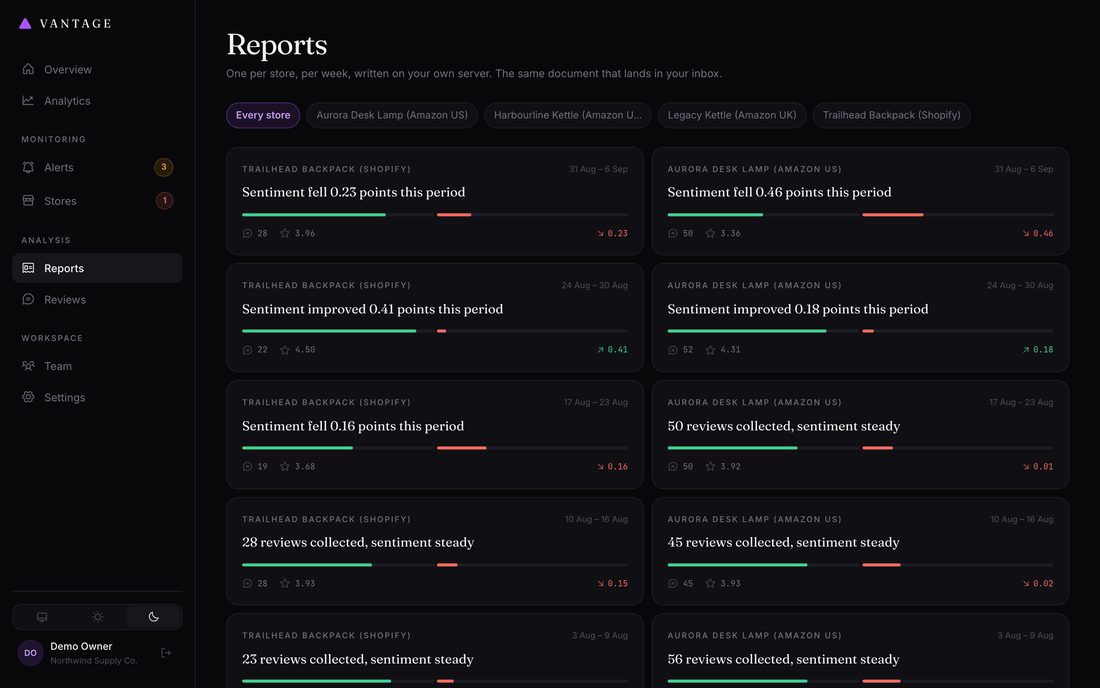 Reports are written once a week per store, and can also be generated on demand.