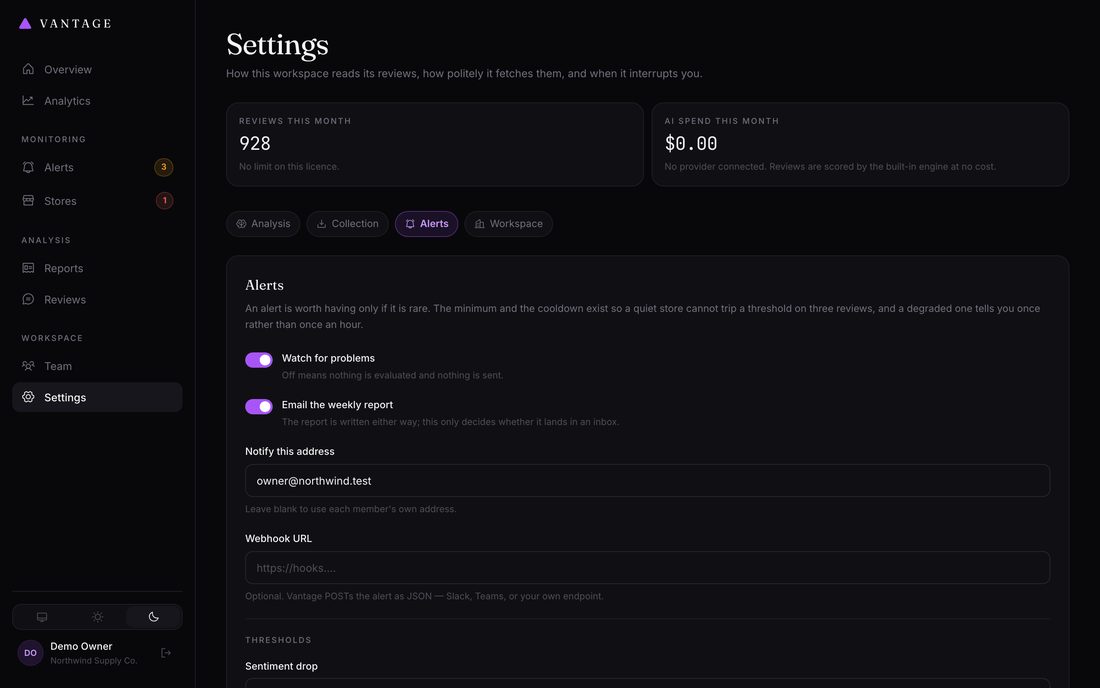 Alert thresholds. The minimum and the cooldown are what keep a quiet store from tripping an alert on three reviews.