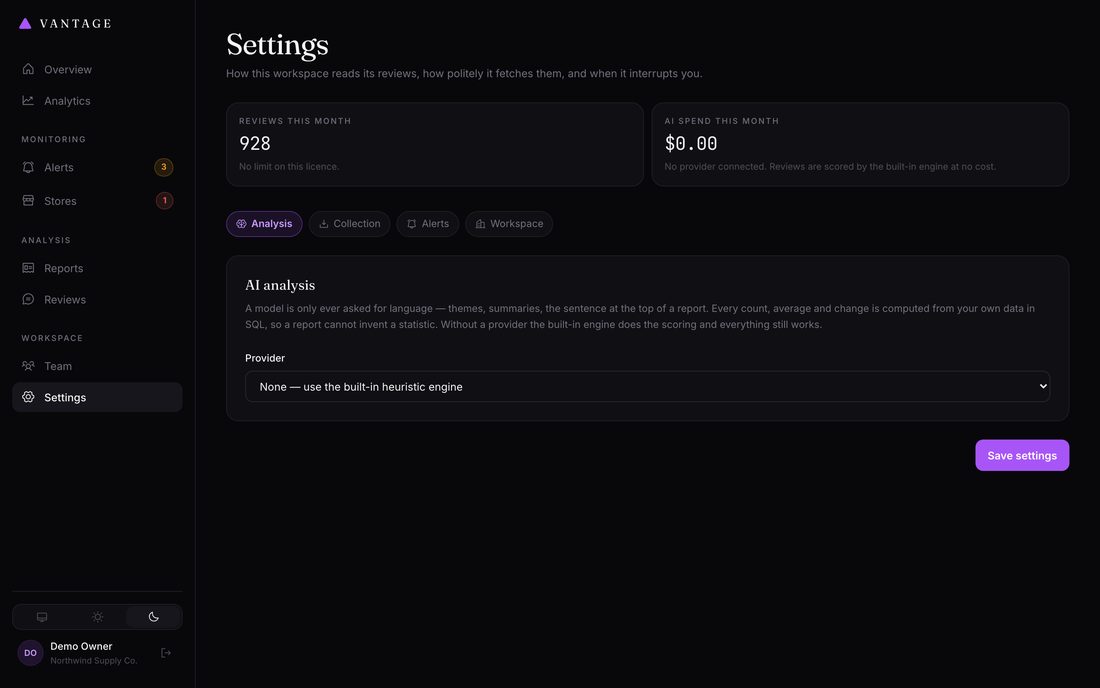 Workspace settings. Without an AI provider the built-in engine does the scoring and everything still works.