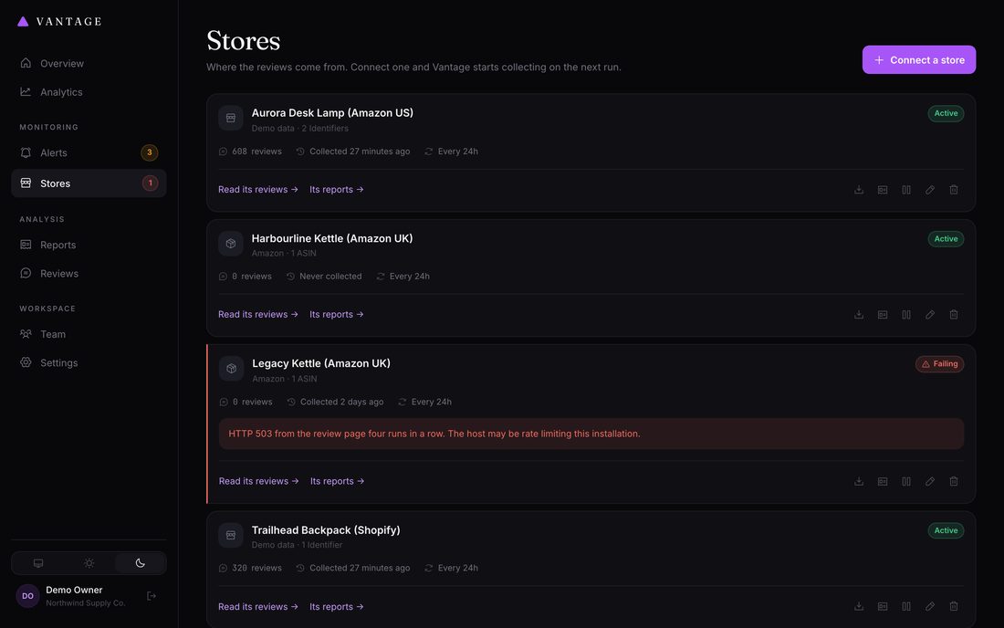 The stores list. Each row shows what has been collected, when, and any collection error in full.
